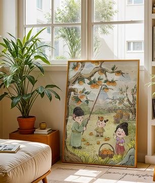 Illustration of children harvesting persimmons in a traditional setting