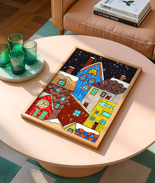 Farbenfrohe Winterstadtlandschaft mit schneebedeckten Häusern im Cartoon-Stil