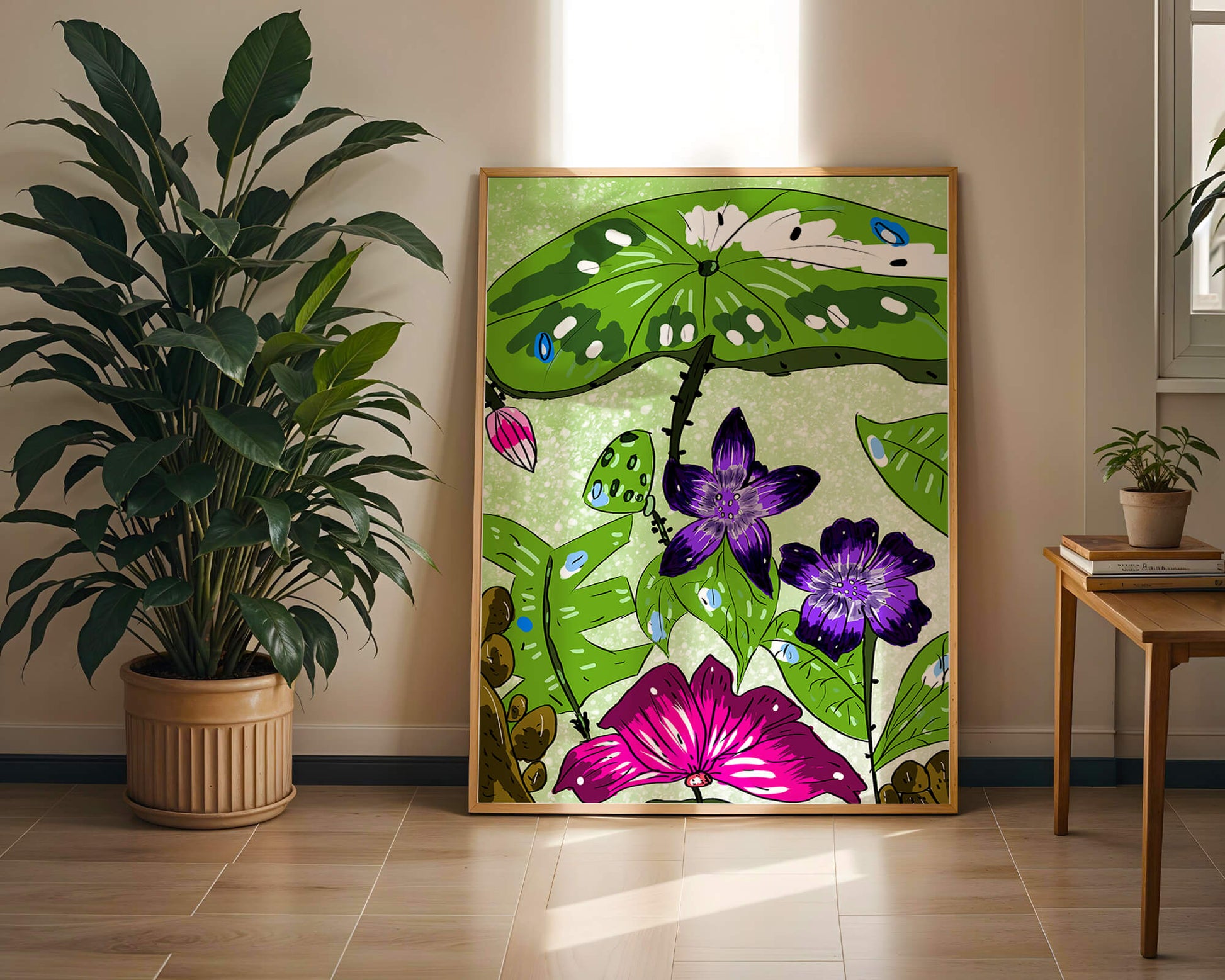 Bunte Blumenillustration mit exotischen Blumen und Blättern