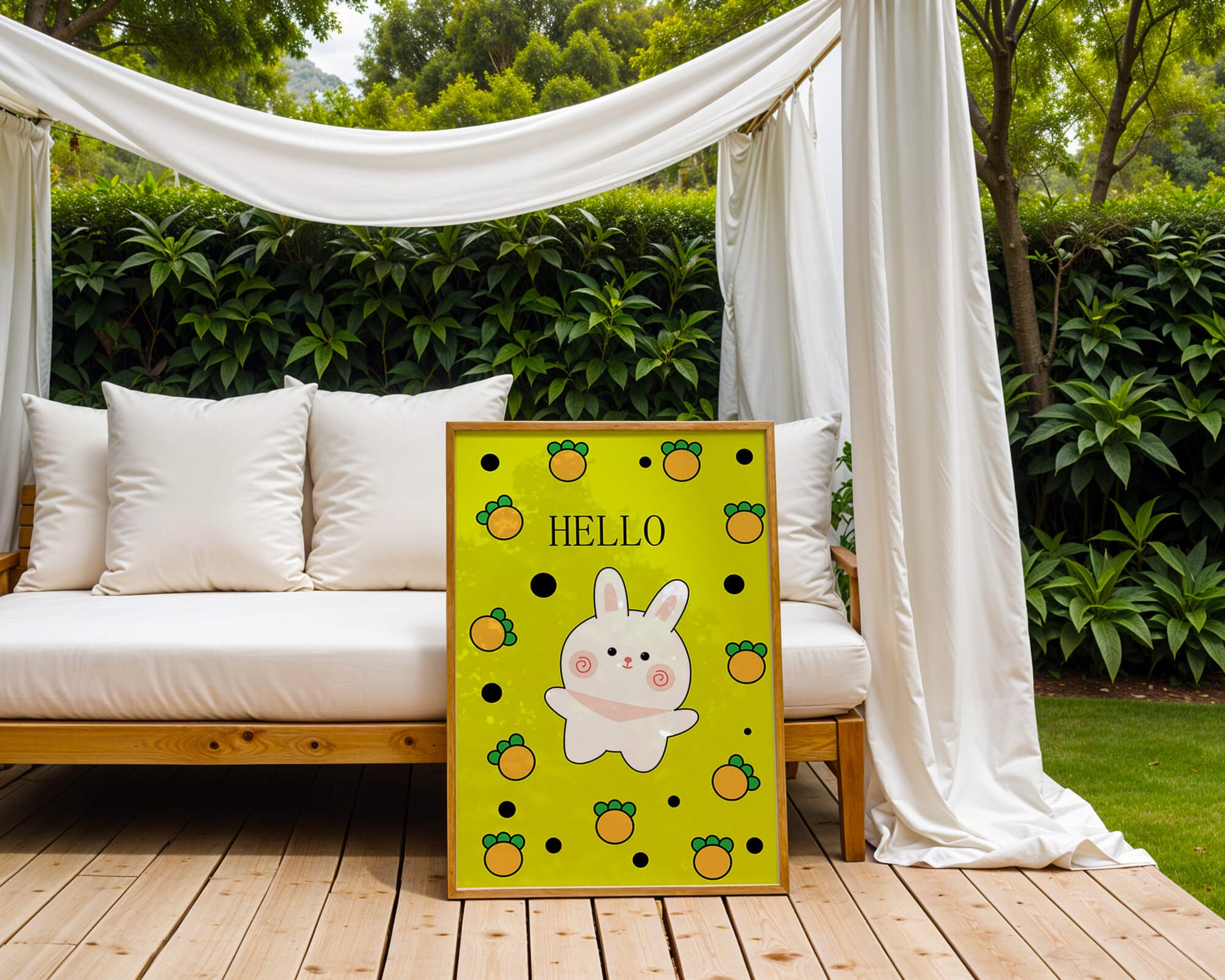 Charming rabbit cartoon illustration on yellow background with orange elements