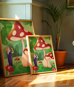 Playful illustration of a child with oversized mushrooms in a whimsical forest setting