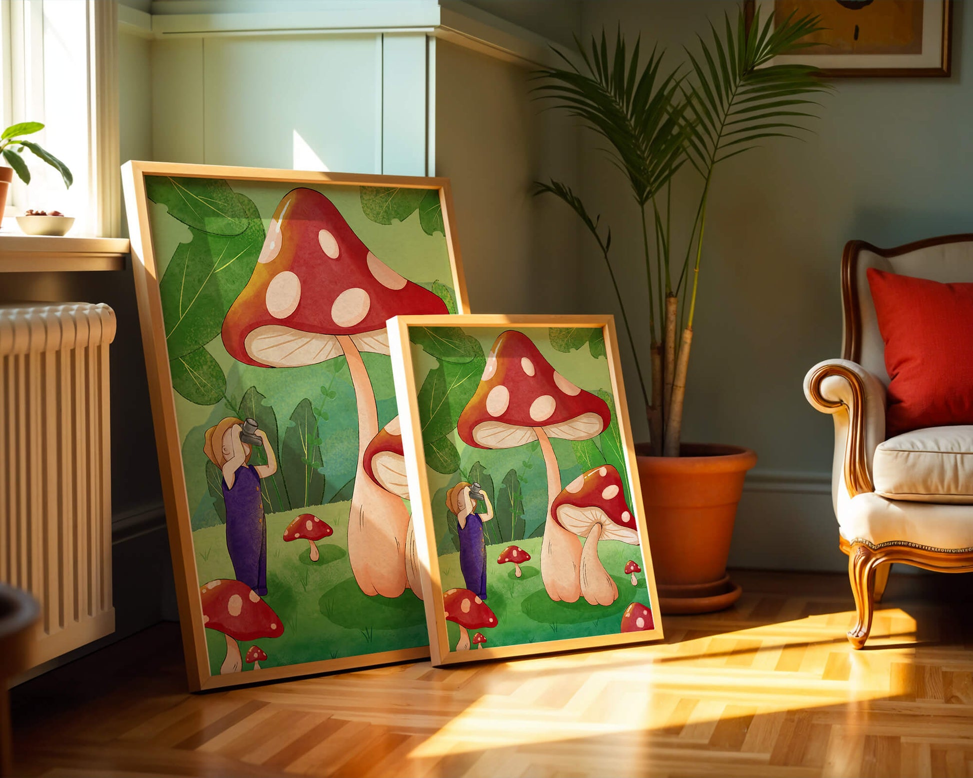 Playful illustration of a child with oversized mushrooms in a whimsical forest setting