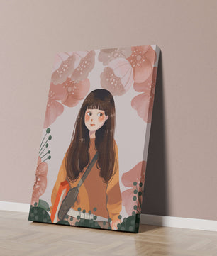 Ilustración de una niña con flores en tonos pasteles suaves