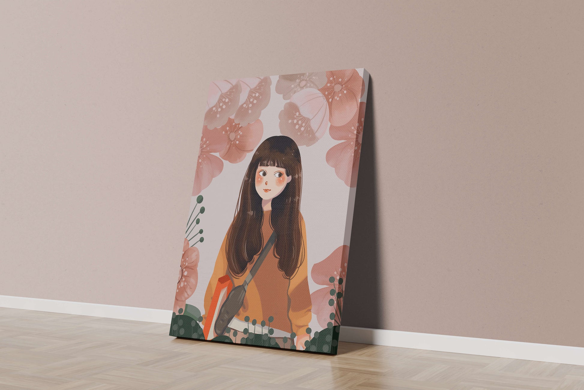 Illustration of girl with flowers in soft pastel hues