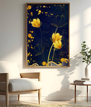 Elegant floral artwork with golden accents on deep blue background