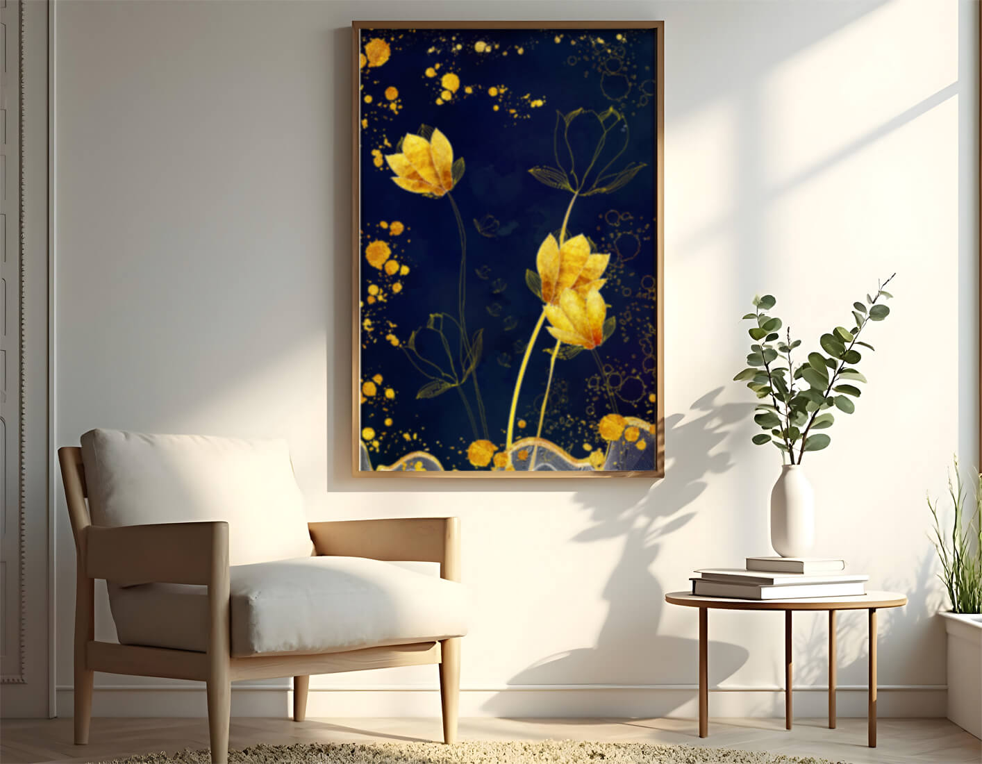 Elegant floral artwork with golden accents on deep blue background