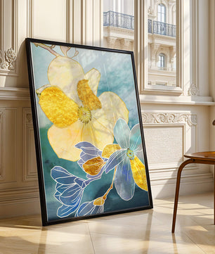 Arte floral abstracto con detalles dorados y tonos azules