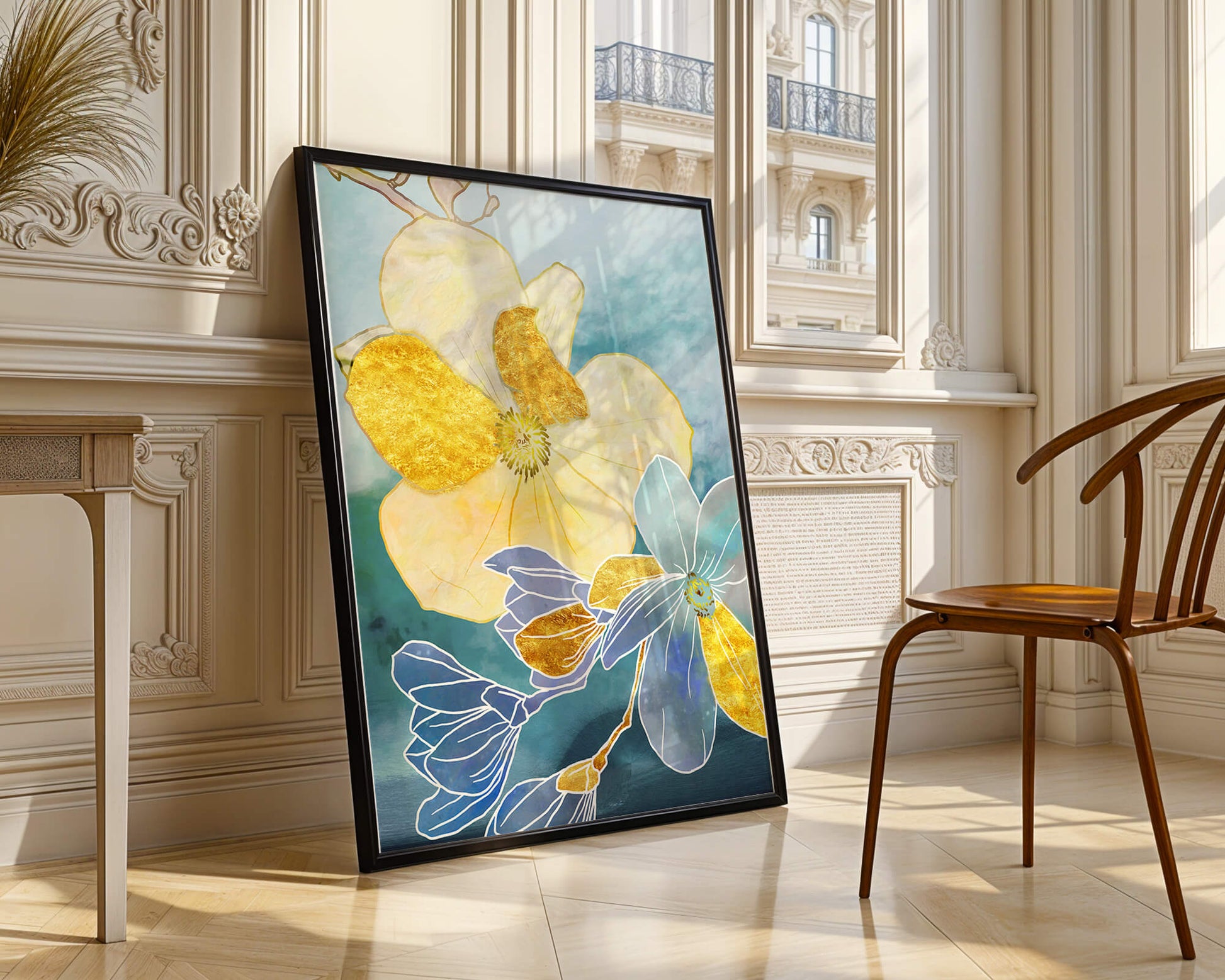 Arte floral abstracto con detalles dorados y tonos azules