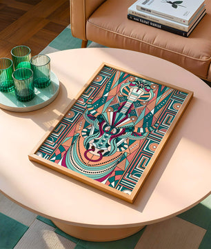Patrón geométrico de animales con toro y cobra en colores vibrantes