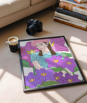 Jeune femme au béret rose avec illustration de fleurs violettes