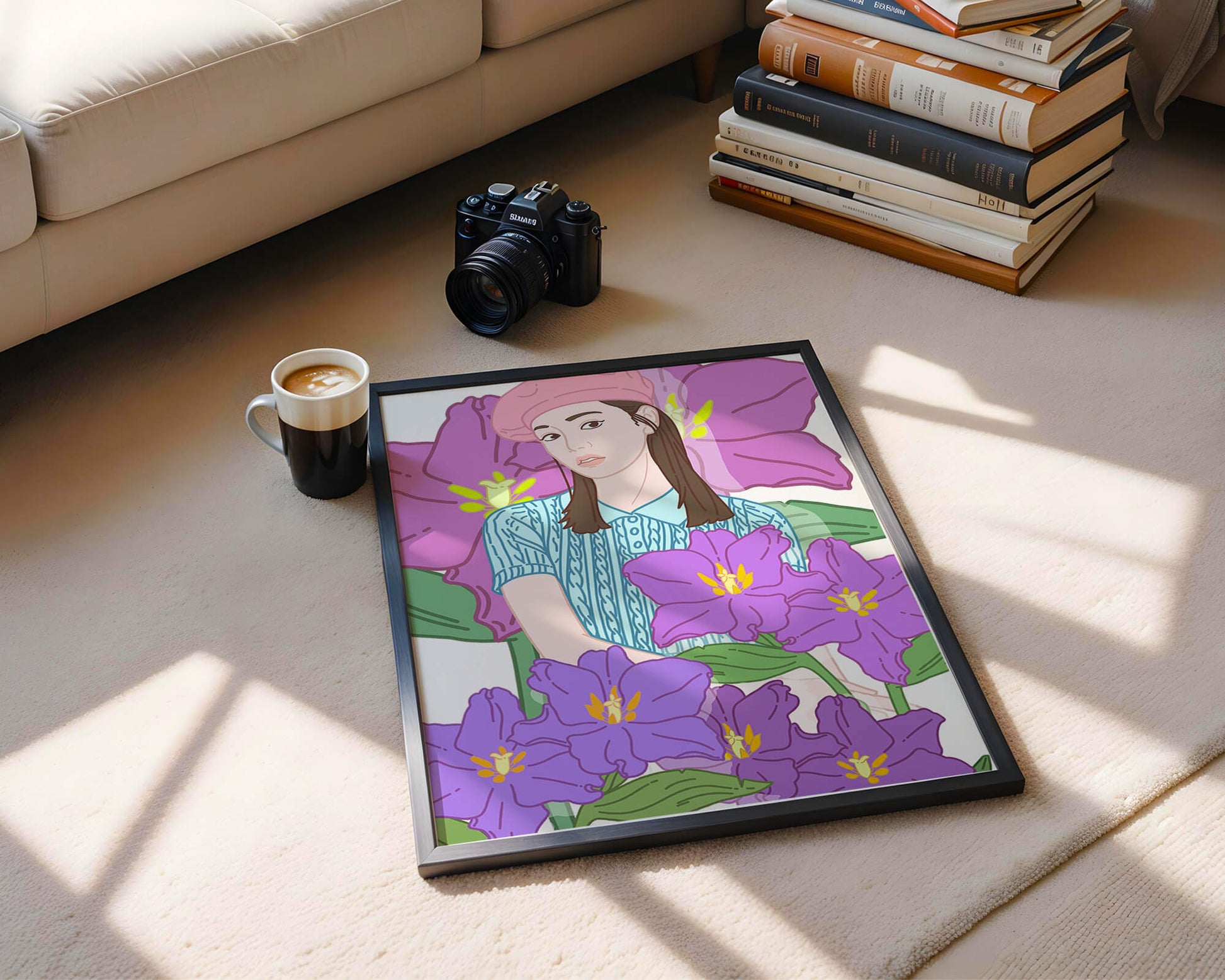 Ilustración de una joven con boina rosa y flores moradas