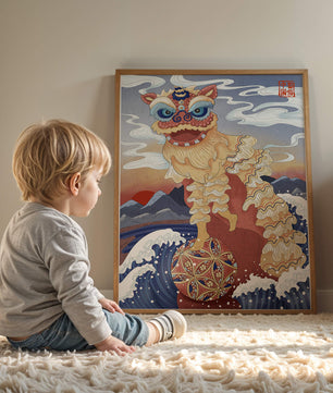 Traditionelle chinesische Löwentanzkunst mit malerischem Hintergrund