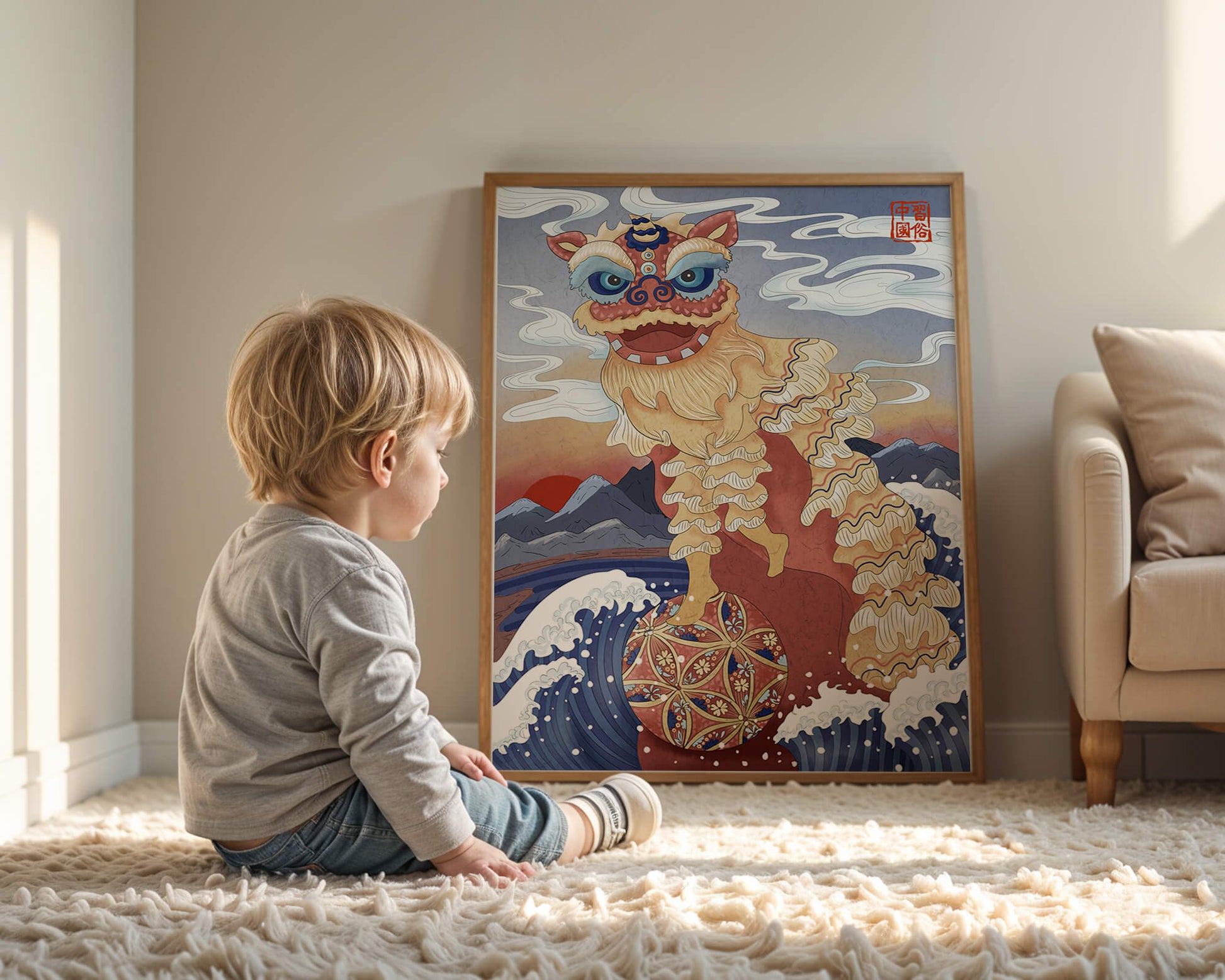 Traditionelle chinesische Löwentanzkunst mit malerischem Hintergrund