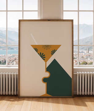 Cocktail Glass with Decorative Floral Design in Minimalist Art Style