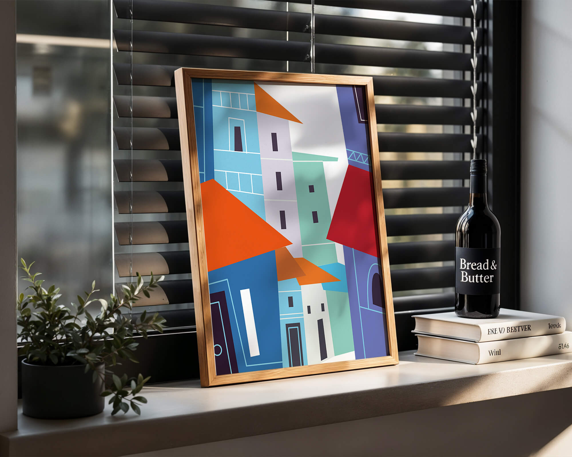 Colorful abstract cityscape with geometric buildings