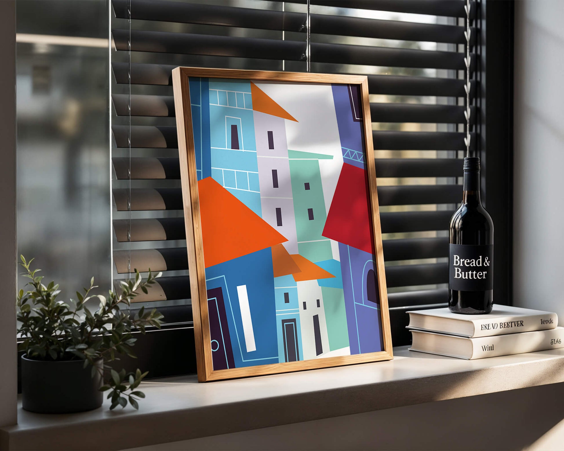 Colorful abstract cityscape with geometric buildings