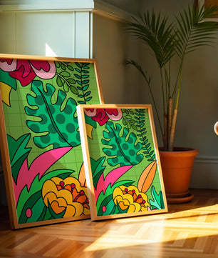 Colorful botanical illustration with vibrant tropical elements