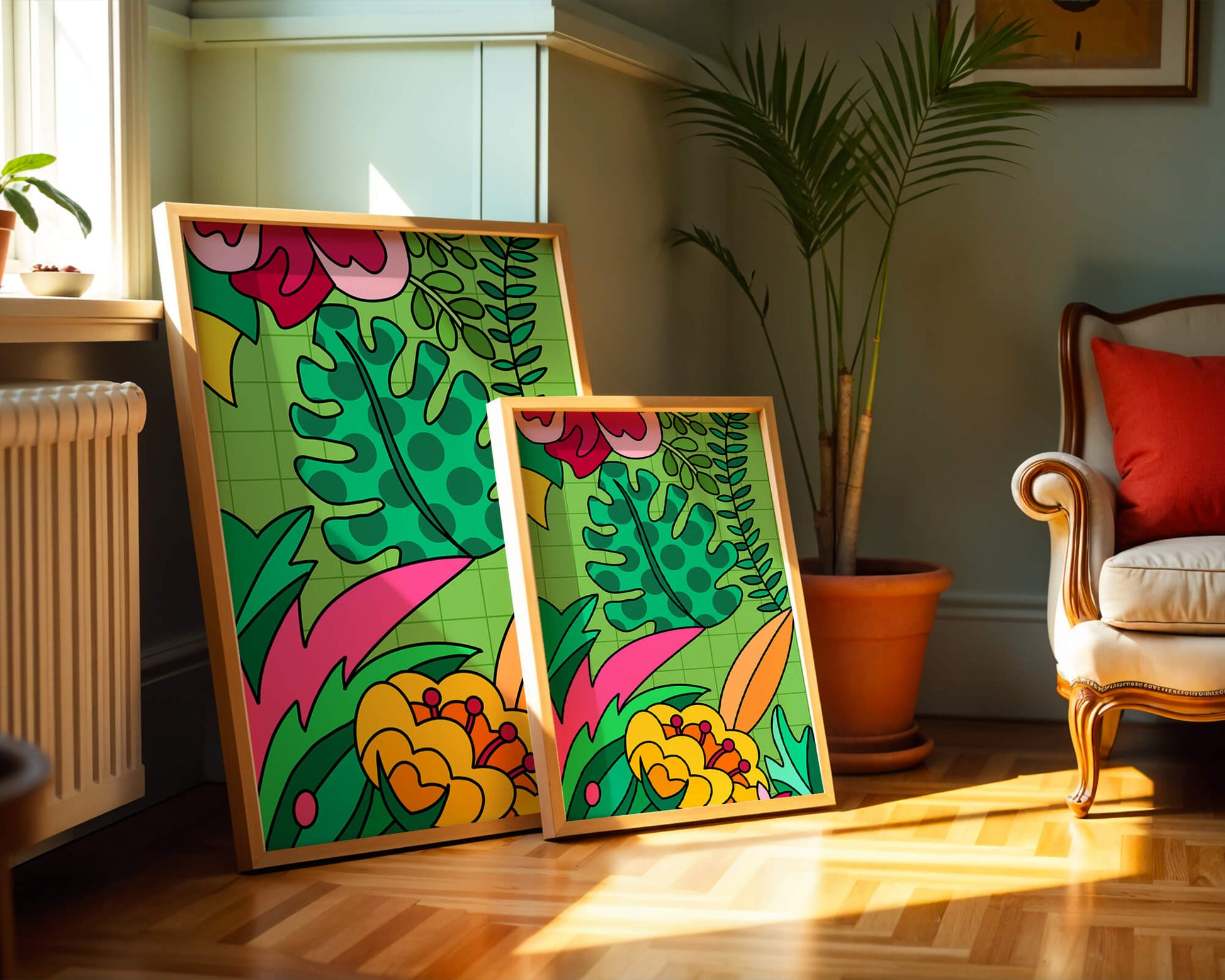 Colorful botanical illustration with vibrant tropical elements