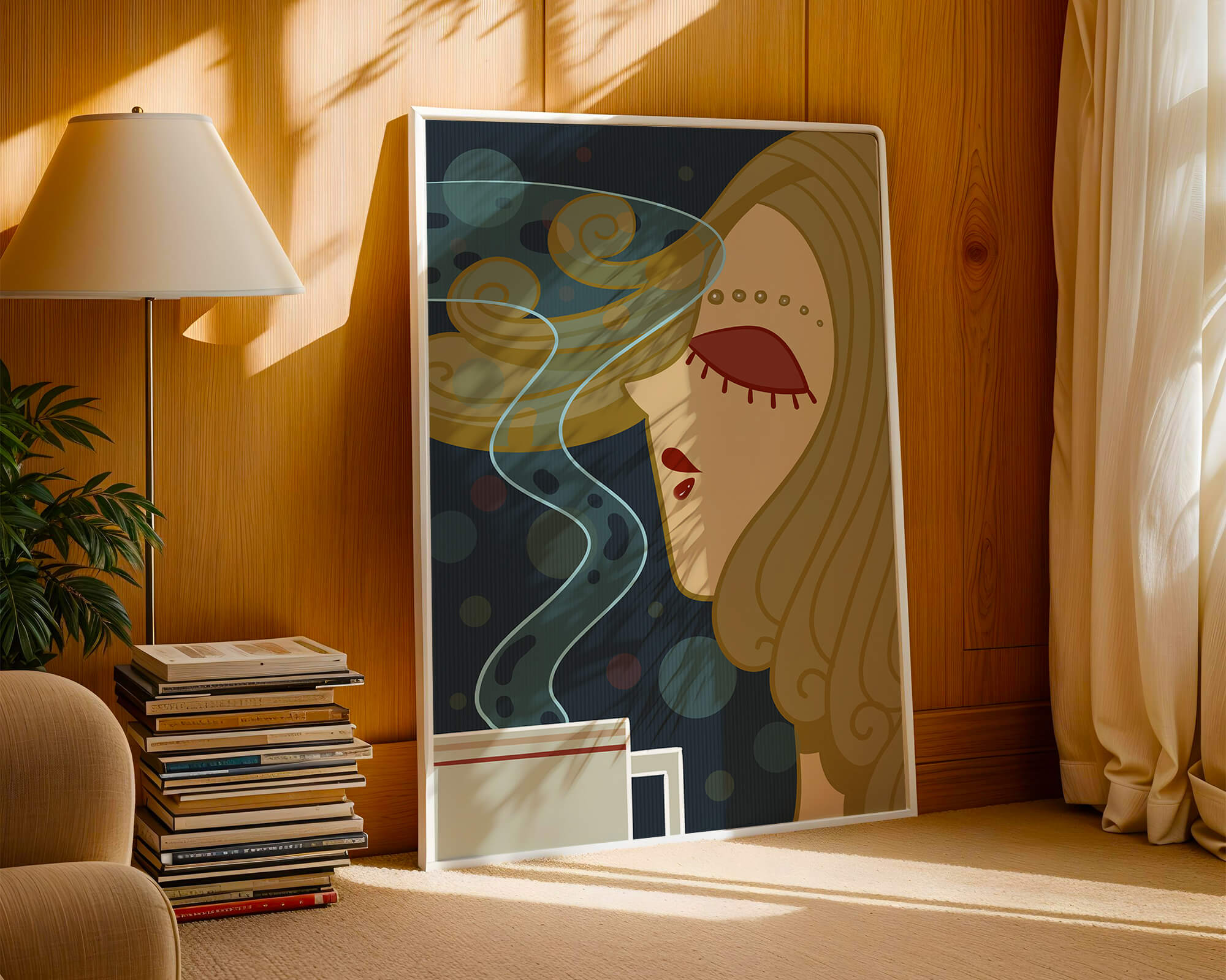 Stylized portrait of a woman with flowing hair and steaming coffee