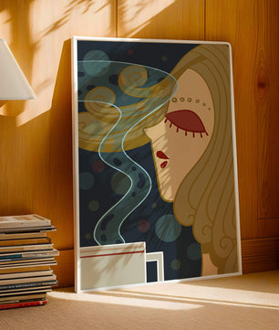 Stylized portrait of a woman with flowing hair and steaming coffee