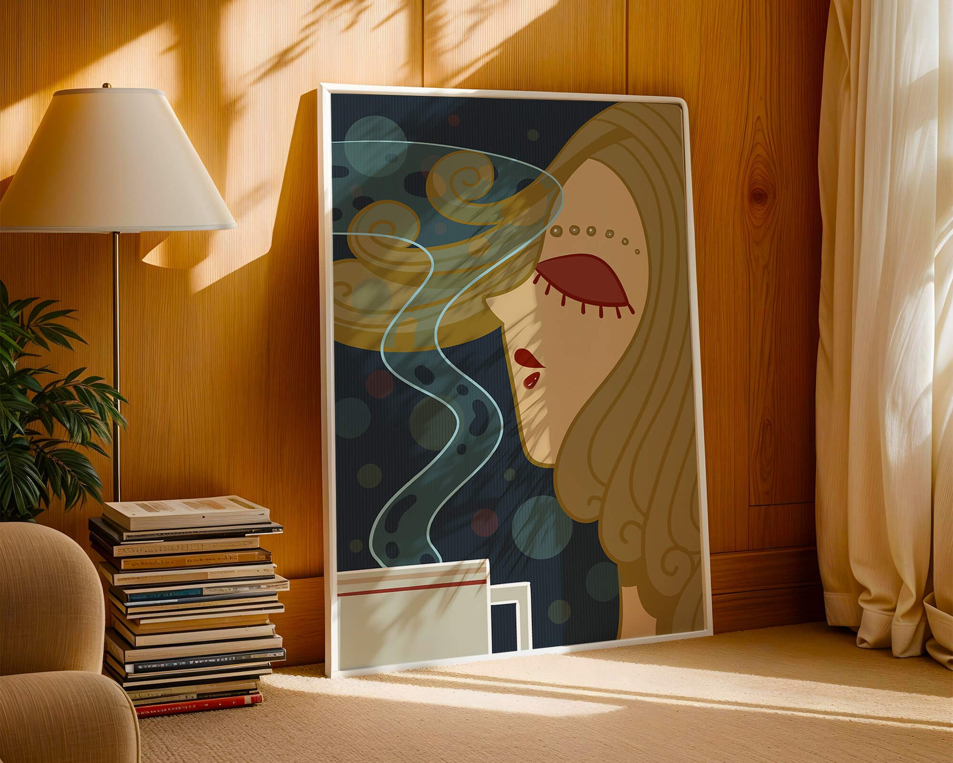 Stylized portrait of a woman with flowing hair and steaming coffee