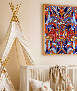 Arte tribal geométrico con colores vibrantes y patrones simétricos
