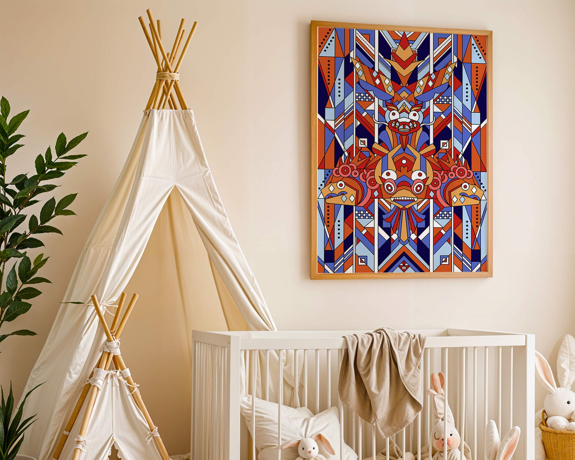 Arte tribal geométrico con colores vibrantes y patrones simétricos