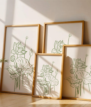 Botanische Illustration einer Lotusblume mit grüner Strichzeichnung auf weißem Hintergrund