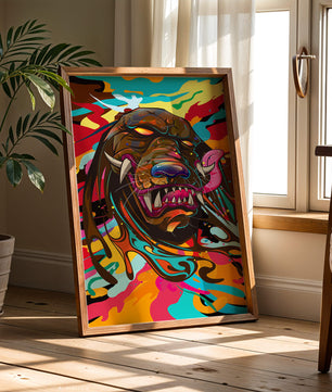 Cabeza de león abstracta y colorida con remolinos vibrantes