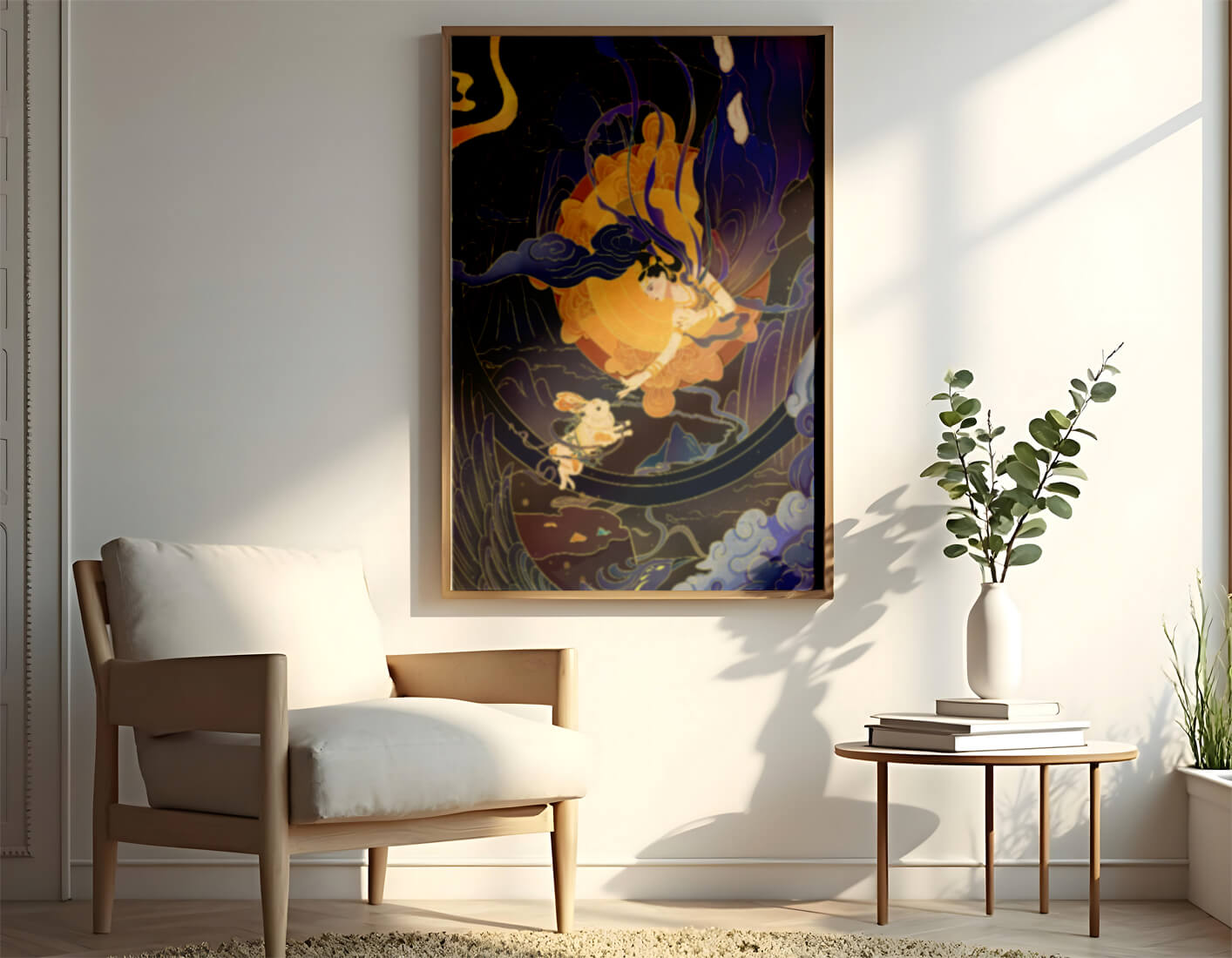 Elegant goddess reaching towards a celestial rabbit in a cosmic scene