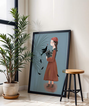 chica en atuendo vintage con pájaro y libro sobre fondo azul