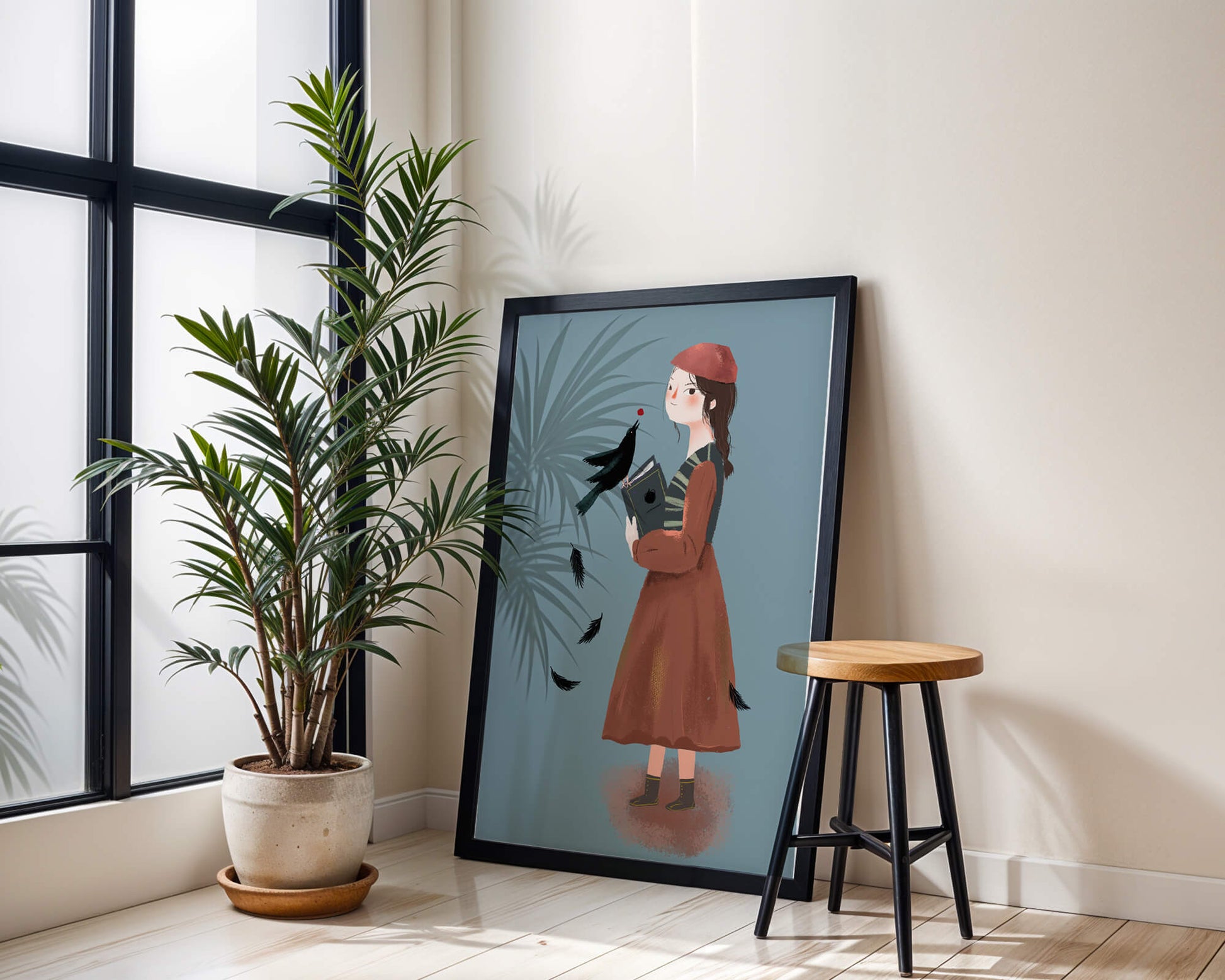 girl in vintage attire with bird and book on blue background