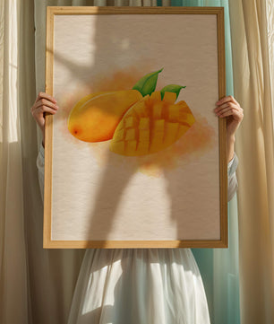 Watercolor depiction of a ripe mango with leaves on textured background