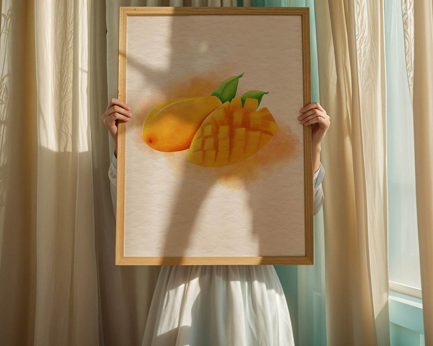 Watercolor depiction of a ripe mango with leaves on textured background
