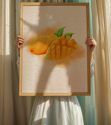 Watercolor depiction of a ripe mango with leaves on textured background
