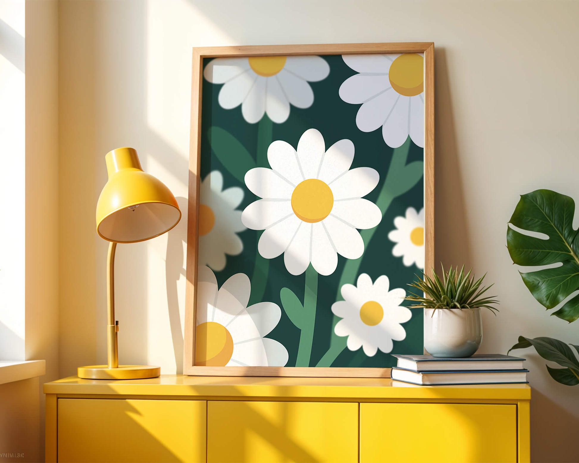 Margaritas sobre fondo verde oscuro con diseño abstracto