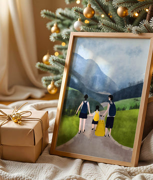 Famiglia in escursione in uno scenario montano panoramico con zaini