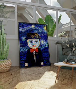 Whimsical cat character against starry night sky background