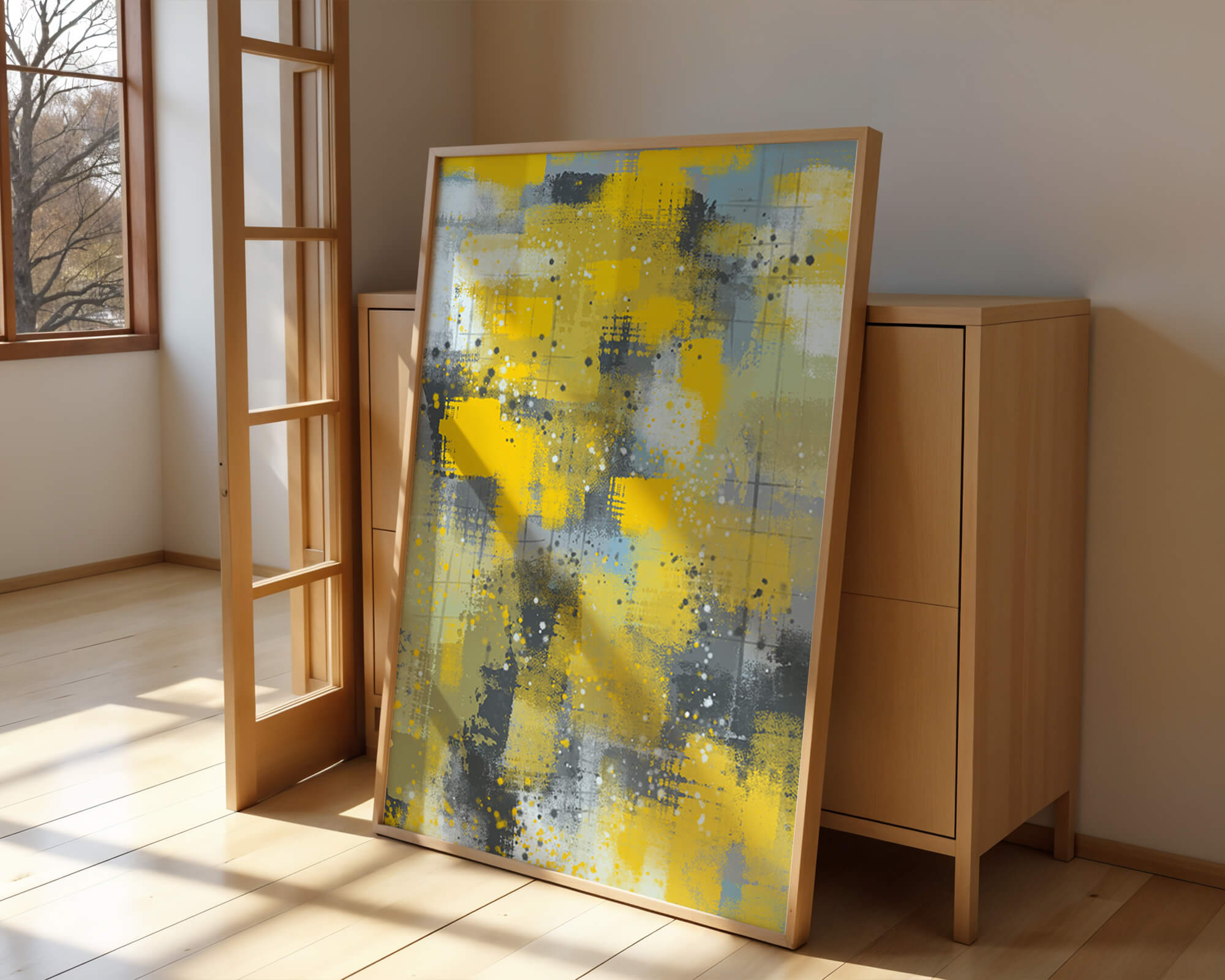 Abstract Yellow and Gray Geometric Art with Textured Patterns - Mi tienda