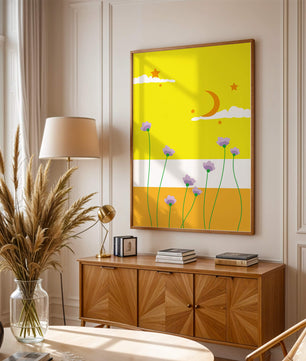 Illustrative landscape with crescent moon, stars, and flowers