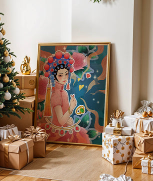 Traditional Asian-inspired illustration with jewelry and floral accents