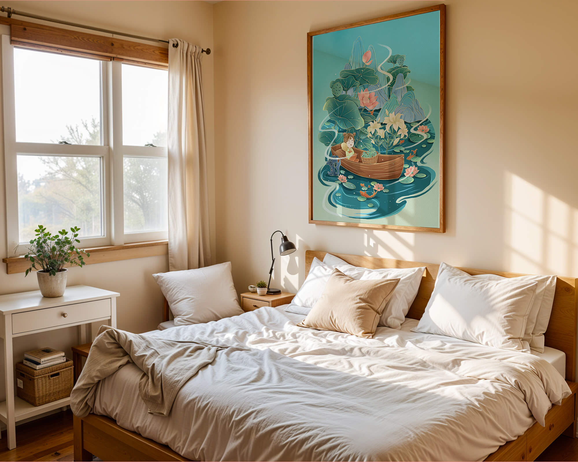 Serene landscape with lotus and boat in a tranquil water scene