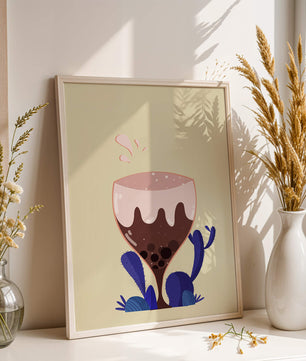Illustration eines skurrilen Weinglases mit Flüssigkeitsspritzern und violetten Pflanzen
