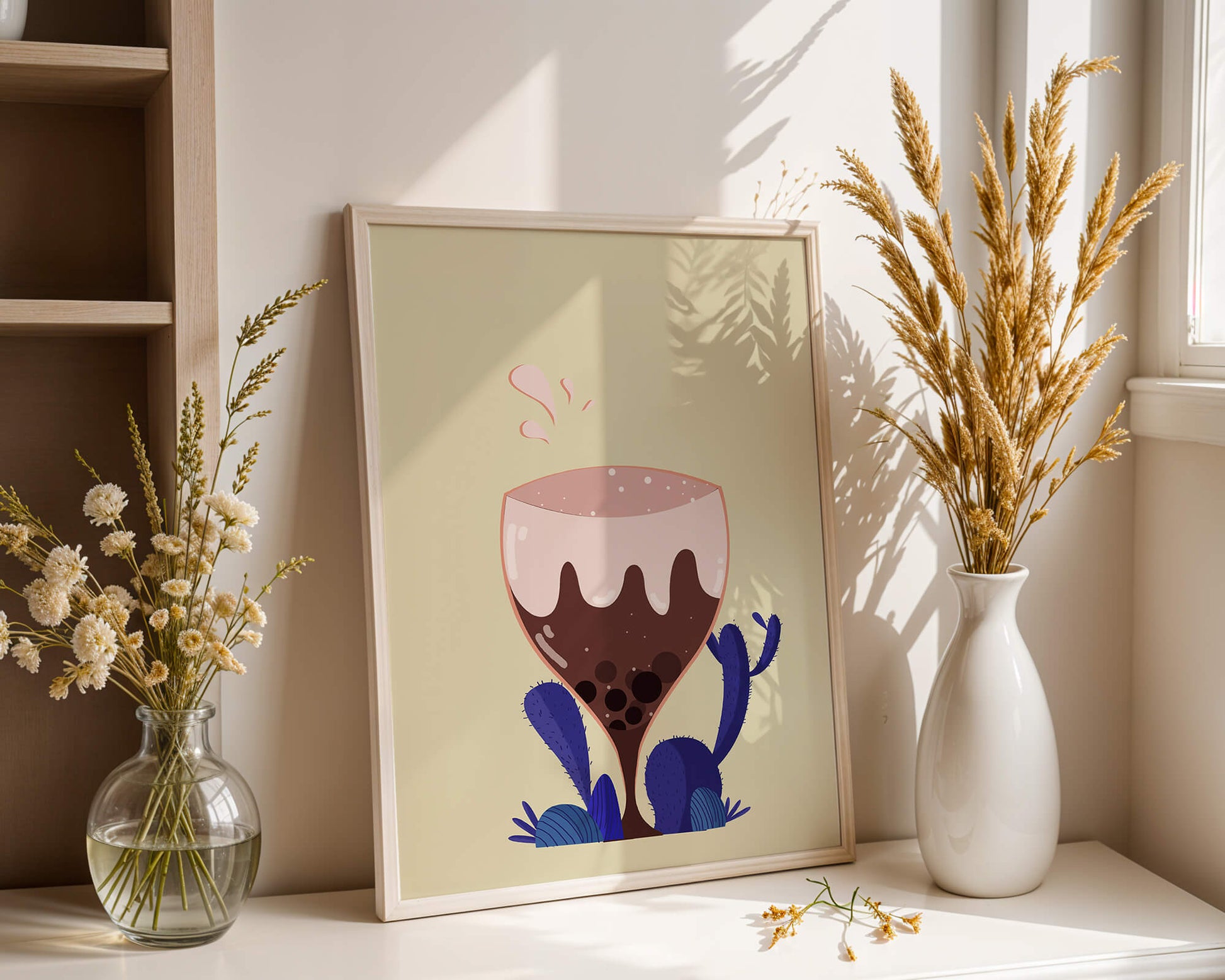 Illustration of a whimsical wine glass with liquid splash and purple plants