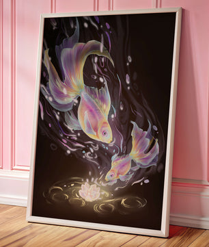 Colorful Koi Fish in a Dreamlike Underwater Scene with Illuminated Elements
