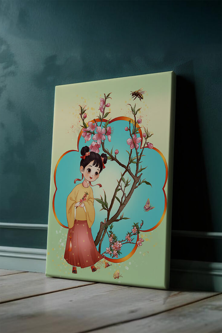 Illustration of a girl with cherry blossoms and butterflies