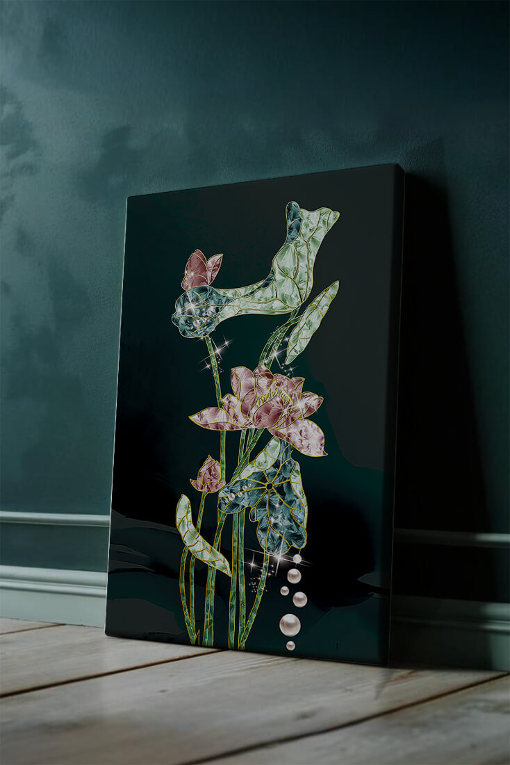 Floral Lotus Design with Gold Accents and Dew Drops