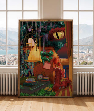 Jardín encantado con hada, serpiente y elementos misteriosos