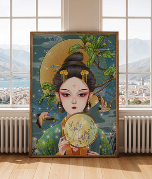 Elegante representación de una mujer con atuendo tradicional sosteniendo un abanico decorativo