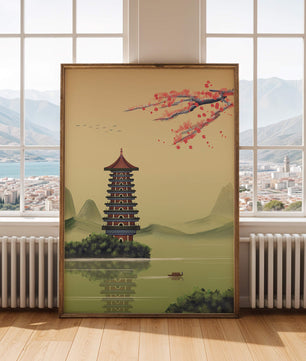 Serene landscape with traditional pagoda and blooming cherry blossoms